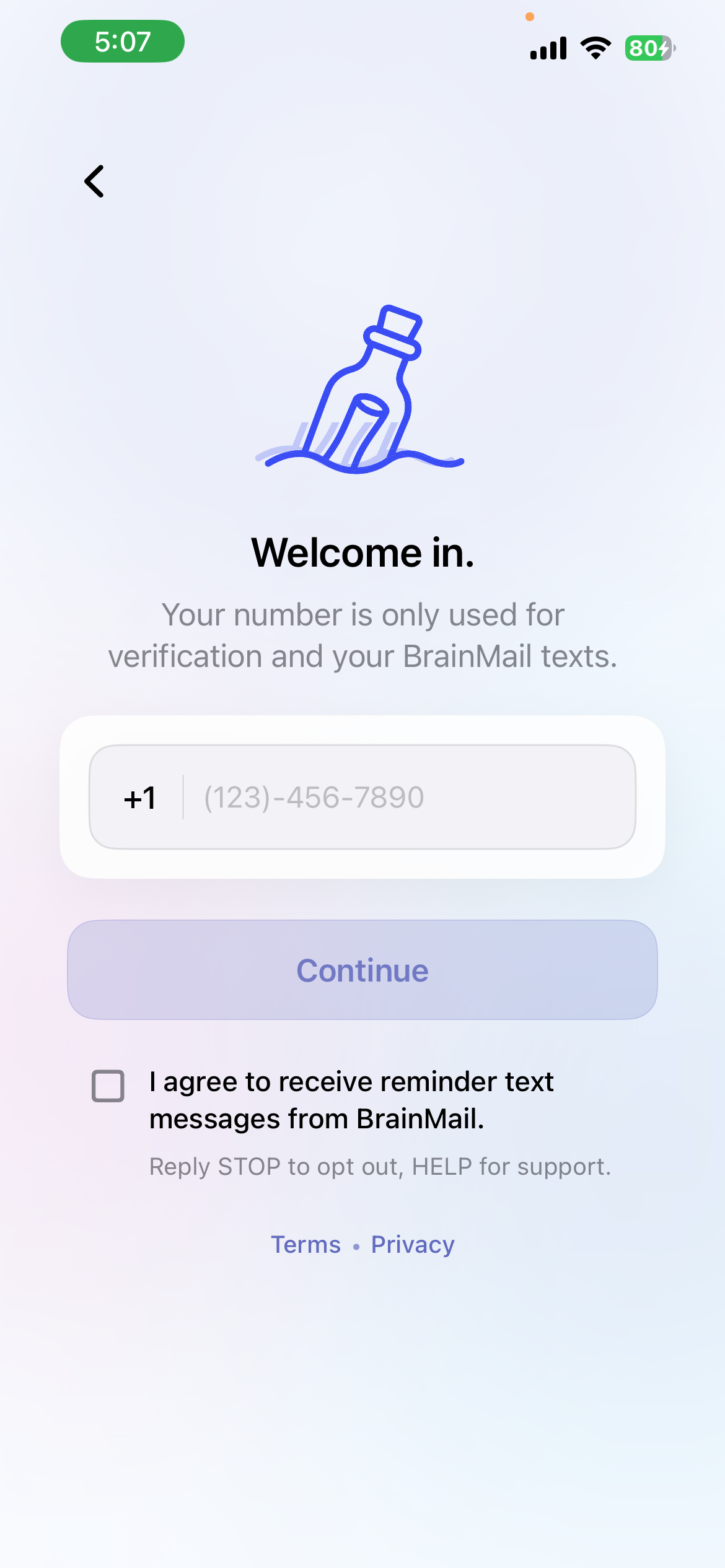 BrainMail signup screen with SMS consent checkbox unchecked and Continue button disabled