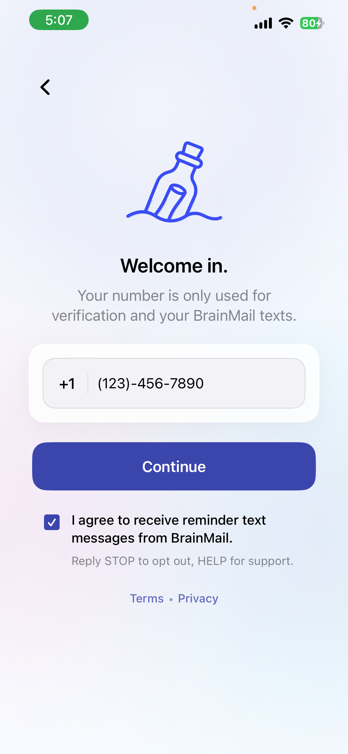 BrainMail signup screen with SMS consent checkbox checked and Continue button enabled